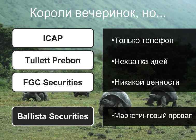 Короли вечеринок, но. . . ICAP • Только телефон Tullett Prebon • Нехватка идей