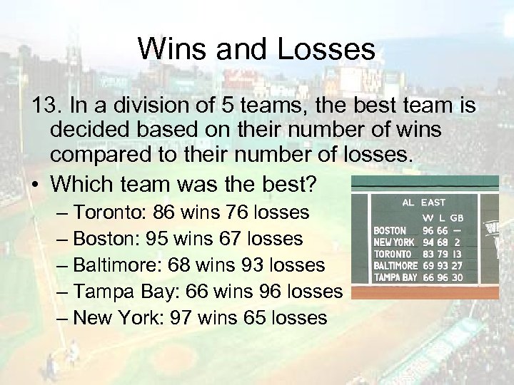 Wins and Losses 13. In a division of 5 teams, the best team is