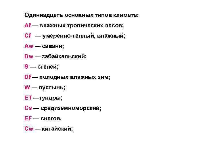 Одиннадцать основных типов климата: Af — влажных тропических лесов; Cf — умеренно-теплый, влажный; Aw