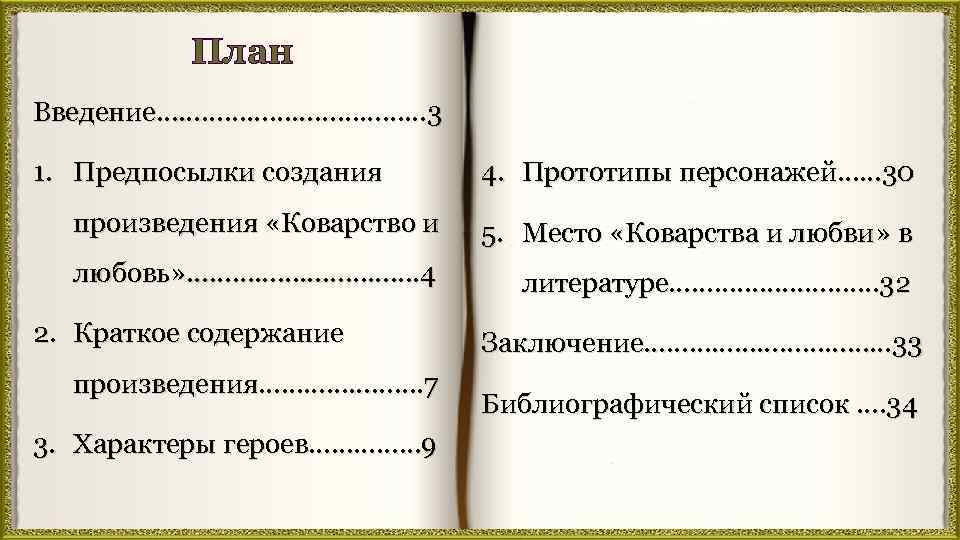 План Введение……………… 3 1. Предпосылки создания произведения «Коварство и любовь» ……………. 4 2. Краткое