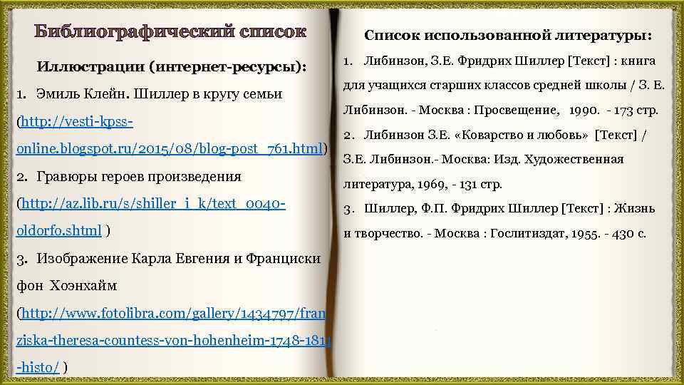 Библиографический список Иллюстрации (интернет-ресурсы): 1. Эмиль Клейн. Шиллер в кругу семьи (http: //vesti-kpss- online.