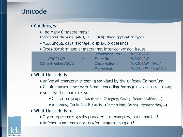 Unicode · Challenges · Too Many Character sets: Three great ‘families’ (ANSI, DBCS, Bi.