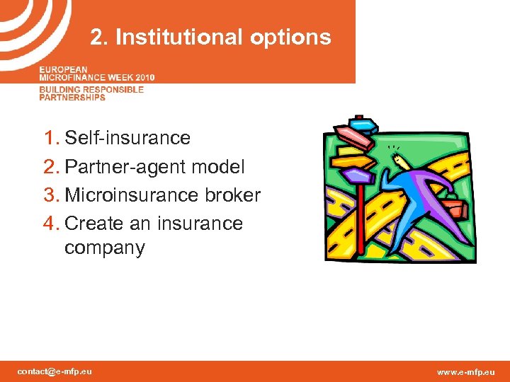 2. Institutional options 1. Self-insurance 2. Partner-agent model 3. Microinsurance broker 4. Create an