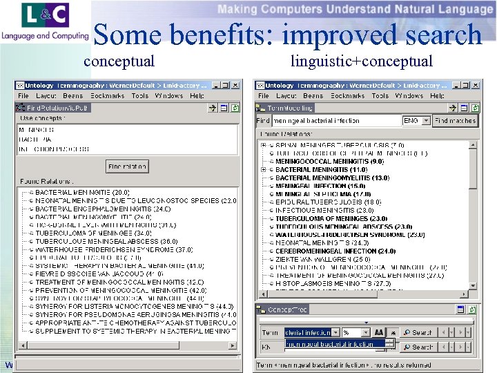 Some benefits: improved search conceptual www. landc. be linguistic+conceptual 