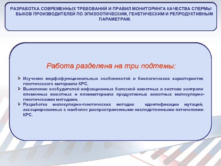 РАЗРАБОТКА СОВРЕМЕННЫХ ТРЕБОВАНИЙ И ПРАВИЛ МОНИТОРИНГА КАЧЕСТВА СПЕРМЫ БЫКОВ ПРОИЗВОДИТЕЛЕЙ ПО ЭПИЗООТИЧЕСКИМ, ГЕНЕТИЧЕСКИМ И