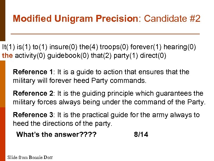 Modified Unigram Precision: Candidate #2 It(1) is(1) to(1) insure(0) the(4) troops(0) forever(1) hearing(0) the