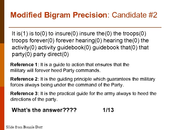 Modified Bigram Precision: Candidate #2 It is(1) is to(0) to insure(0) insure the(0) the
