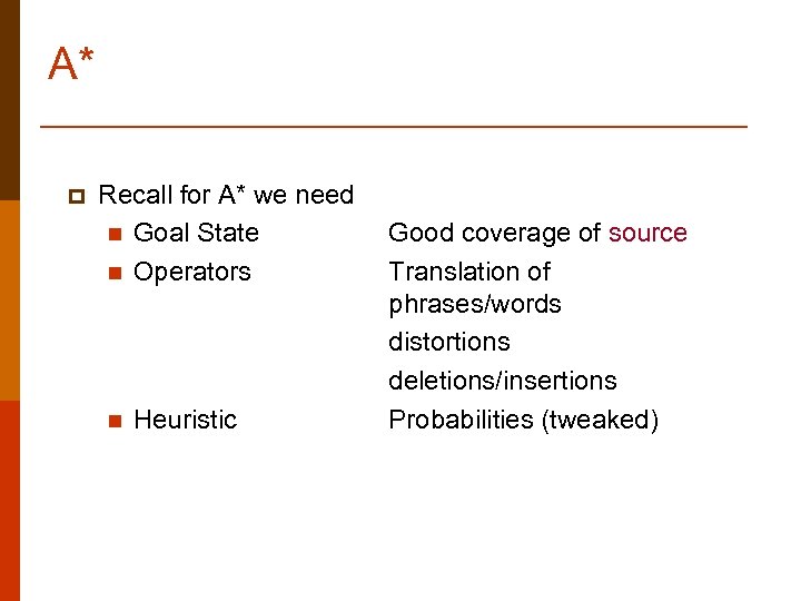 A* p Recall for A* we need n Goal State n Operators n Heuristic