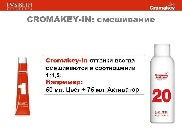 CROMAKEY-IN: смешивание Cromakey-In оттенки всегда смешиваются в соотношении 1: 1, 5. Например: 50 мл.