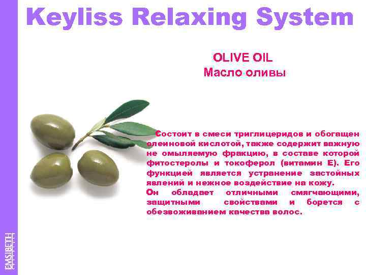 Keyliss Relaxing System OLIVE OIL Масло оливы Состоит в смеси триглицеридов и обогащен олеиновой