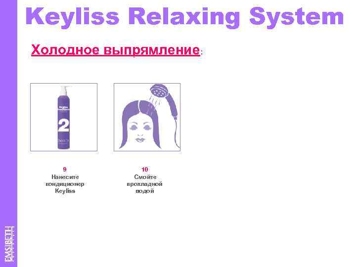 Keyliss Relaxing System Холодное выпрямление: 9 Нанесите кондиционер Keyliss 10 Смойте прохладной водой 