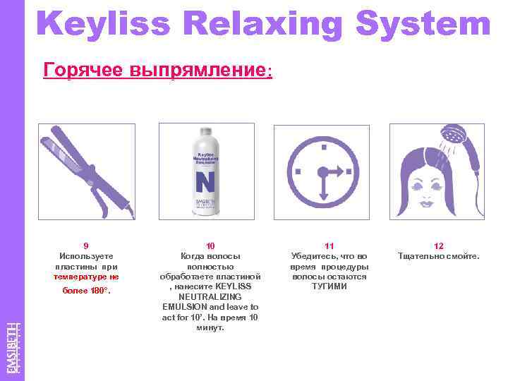 Keyliss Relaxing System Горячее выпрямление: 9 Используете пластины при температуре не более 180°. 10