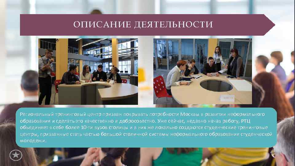 ОПИСАНИЕ ДЕЯТЕЛЬНОСТИ Региональный тренинговый центр призван покрывать потребности Москвы в развитии неформального образования и
