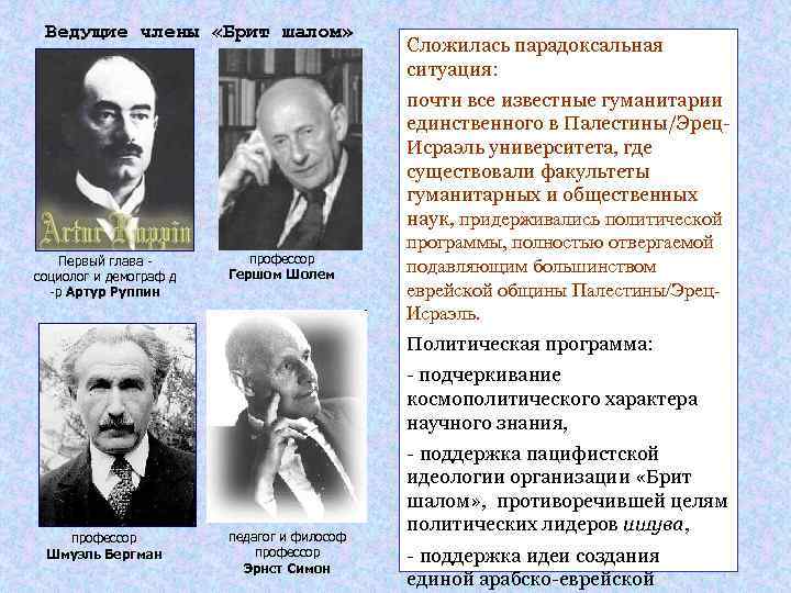 Ведущие члены «Брит шалом» Первый глава - социолог и демограф д -р Артур Руппин