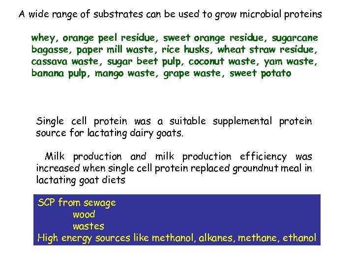 A wide range of substrates can be used to grow microbial proteins whey, orange