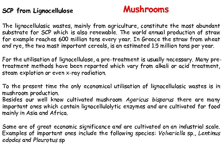 SCP from Lignocellulose Mushrooms The lignocellulosic wastes, mainly from agriculture, constitute the most abundant