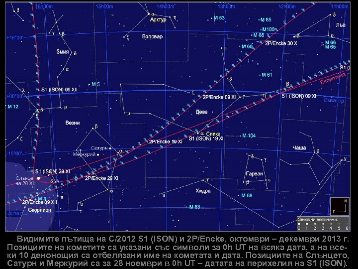 Видимите пътища на C/2012 S 1 (ISON) и 2 P/Encke, октомври – декември 2013