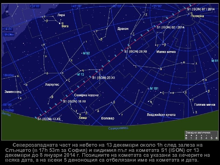 Северозападната част на небето на 13 декември около 1 h след залеза на Слънцето
