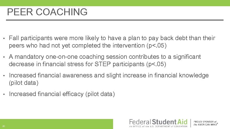 PEER COACHING • Fall participants were more likely to have a plan to pay