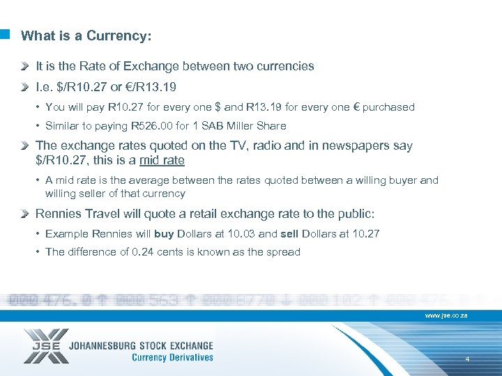What is a Currency: It is the Rate of Exchange between two currencies I.