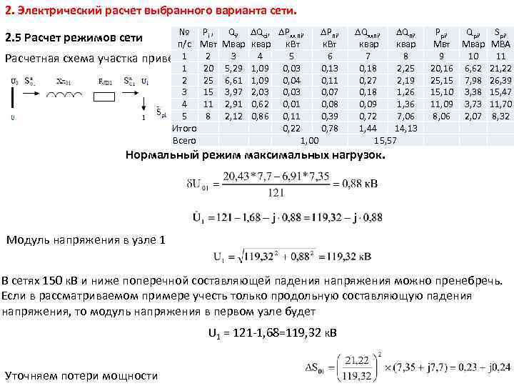 2. Электрический расчет выбранного варианта сети. № Рi , Qi, Qci, Pхх пi, Pпi,