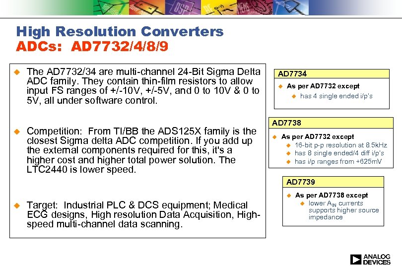 High Resolution Converters ADCs: AD 7732/4/8/9 u u The AD 7732/34 are multi-channel 24