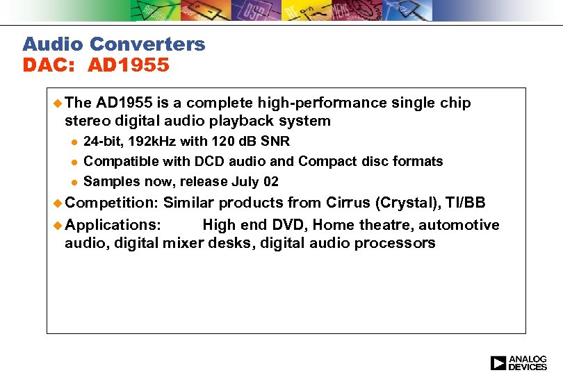 Audio Converters DAC: AD 1955 u The AD 1955 is a complete high-performance single