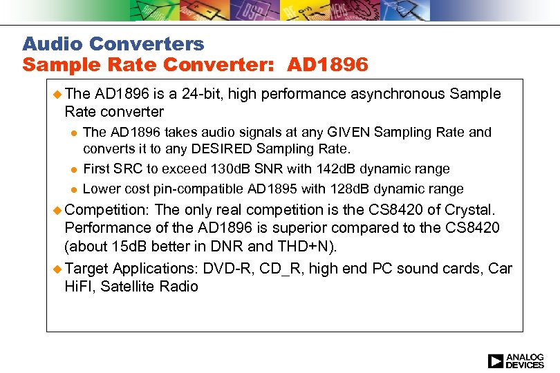 Audio Converters Sample Rate Converter: AD 1896 u The AD 1896 is a 24