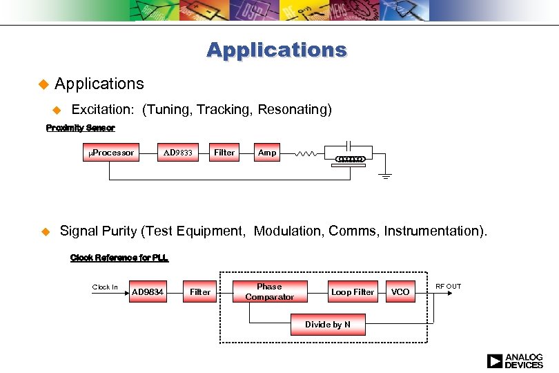Applications u Excitation: (Tuning, Tracking, Resonating) Proximity Sensor m. Processor u AD 9833 Filter