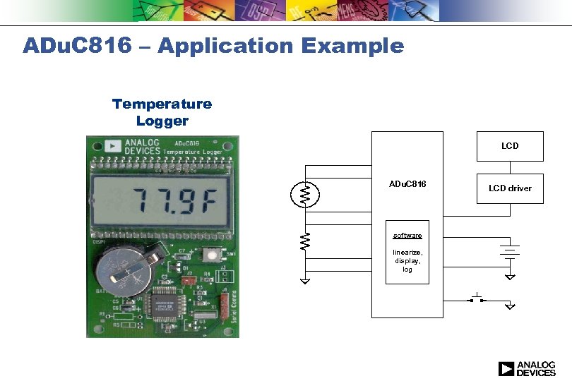 ADu. C 816 – Application Example Temperature Logger LCD ADu. C 816 software linearize,