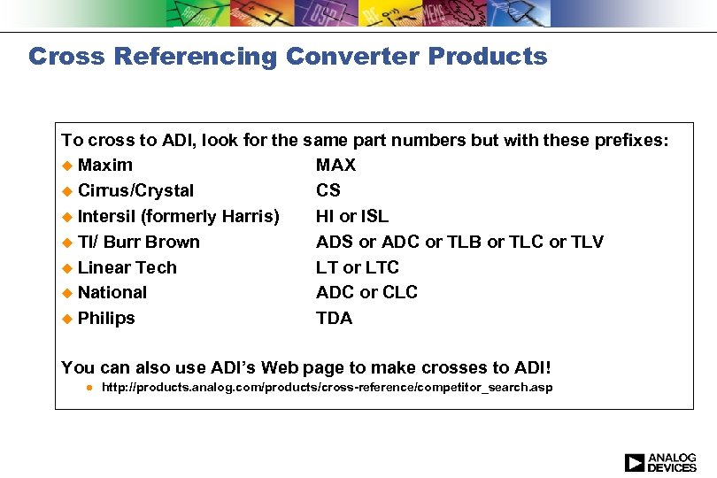 Cross Referencing Converter Products To cross to ADI, look for the same part numbers