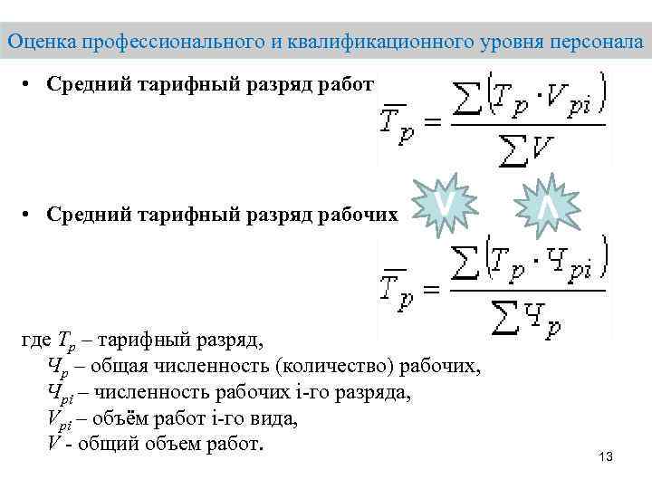 Оценка профессионального и квалификационного уровня персонала • Средний тарифный разряд работ V где Тр