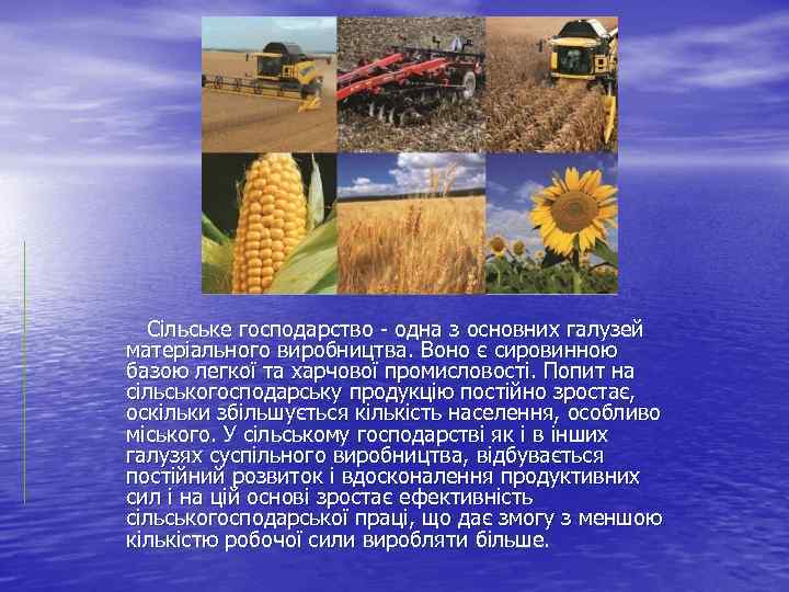  Сільське господарство - одна з основних галузей матеріального виробництва. Воно є сировинною базою