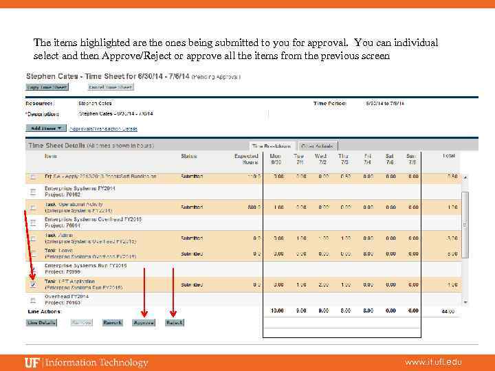 The items highlighted are the ones being submitted to you for approval. You can