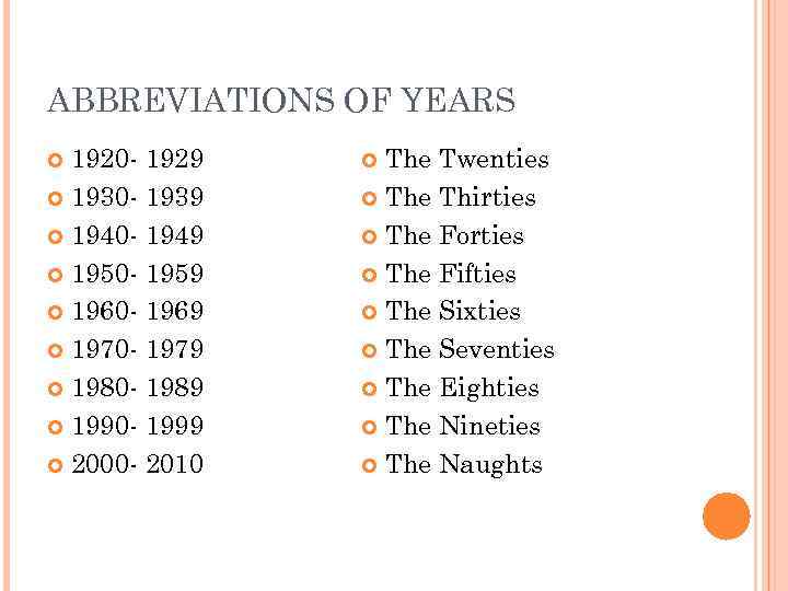 ABBREVIATIONS OF YEARS 1920 - 1929 1930 - 1939 1940 - 1949 1950 -