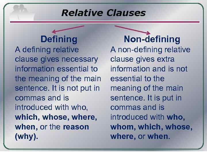 Relative Clauses Defining Non-defining A defining relative clause gives necessary information essential to the