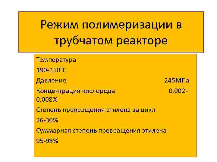 Режим полимеризации в трубчатом реакторе Температура 190 -2500 С Давление 245 МПа Концентрация кислорода