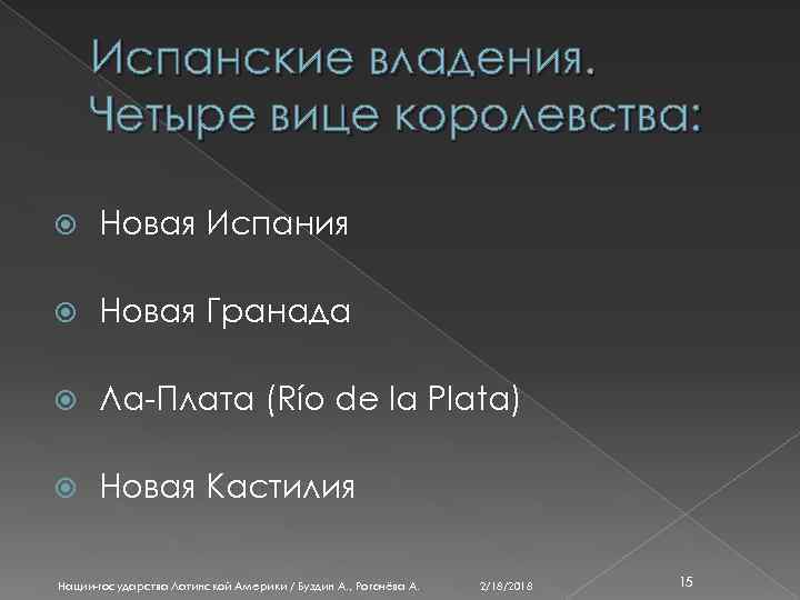 Испанские владения. Четыре вице королевства: Новая Испания Новая Гранада Ла-Плата (Río de la Plata)