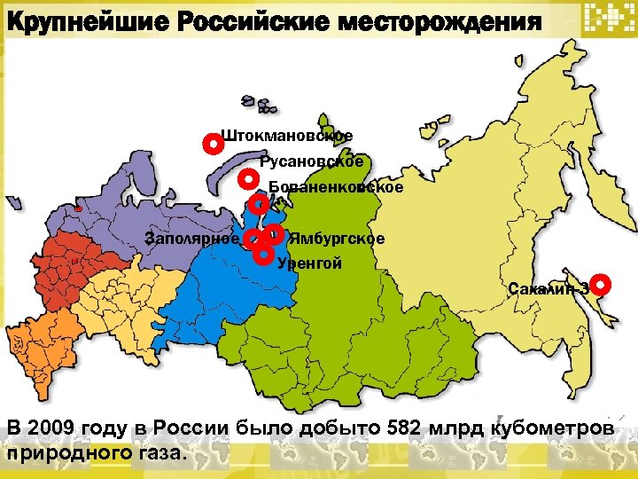 Крупнейшие Российские месторождения Штокмановское Русановское Бованенковское Заполярное Ямбургское Уренгой Сахалин-3 В 2009 году в