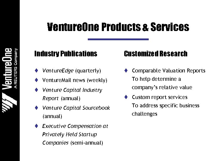 Venture. One Products & Services Industry Publications Customized Research t Venture. Edge (quarterly) t