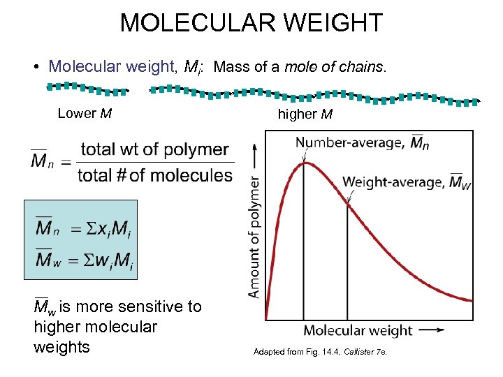 MOLECULAR WEIGHT • Molecular weight, Mi: Mass of a mole of chains. Lower M