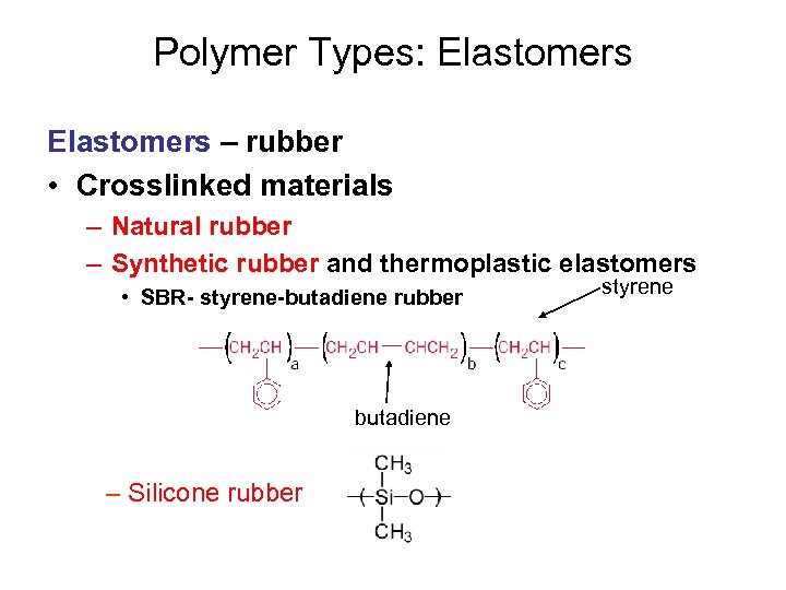 Polymer Types: Elastomers – rubber • Crosslinked materials – Natural rubber – Synthetic rubber