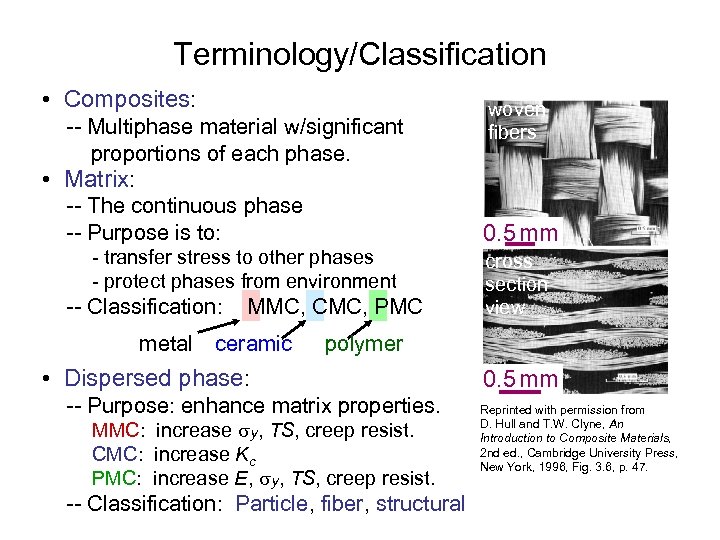 Terminology/Classification • Composites: -- Multiphase material w/significant proportions of each phase. woven fibers •