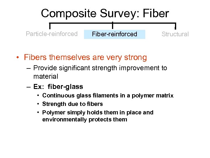 Composite Survey: Fiber Particle-reinforced Fiber-reinforced Structural • Fibers themselves are very strong – Provide