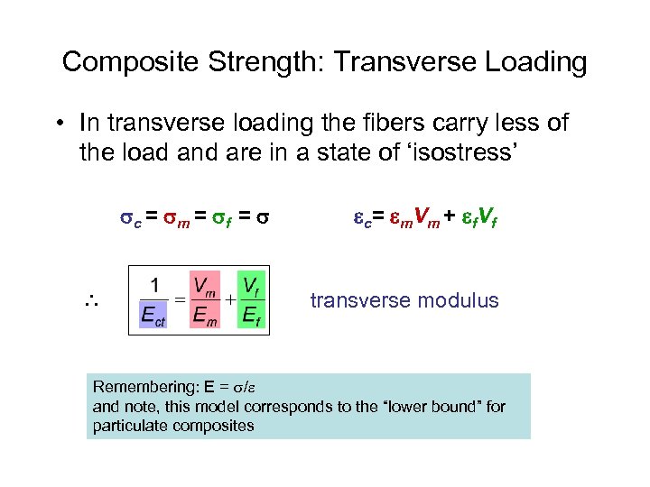 Composite Strength: Transverse Loading • In transverse loading the fibers carry less of the