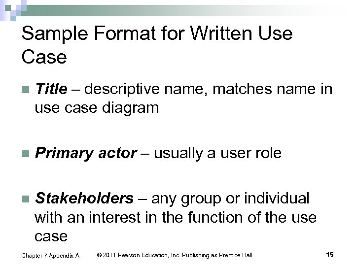 Sample Format for Written Use Case n Title – descriptive name, matches name in