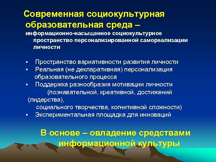 Современная социокультурная образовательная среда – информационно-насыщенное социокультурное пространство персонализированной самореализации личности Пространство вариативности развития