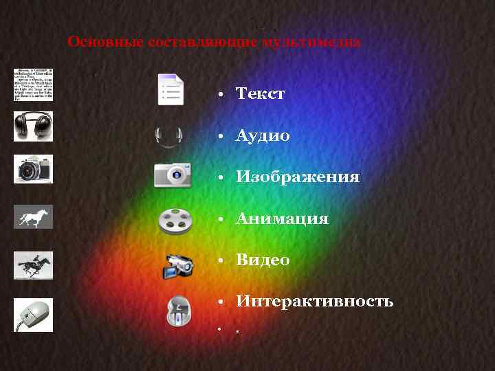Основные составляющие мультимедиа • Текст • Аудио • Изображения • Анимация • Видео •