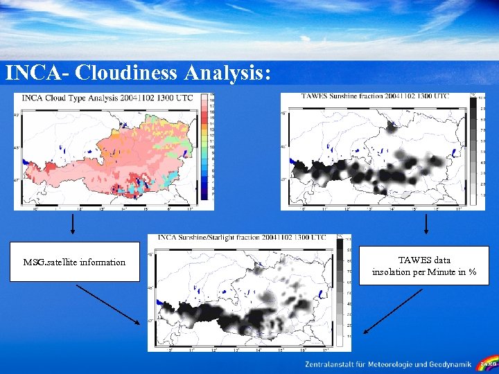INCA- Cloudiness Analysis: MSG. satellite information TAWES data insolation per Minute in % 