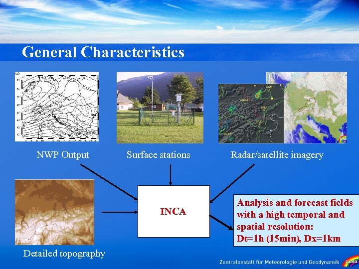 General Characteristics NWP Output Surface stations INCA Detailed topography Radar/satellite imagery Analysis and forecast